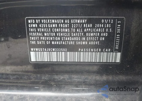 2012 Volkswagen Gti 4-Door from USA, damaged, VIN WVWGD7AJ8CW222502